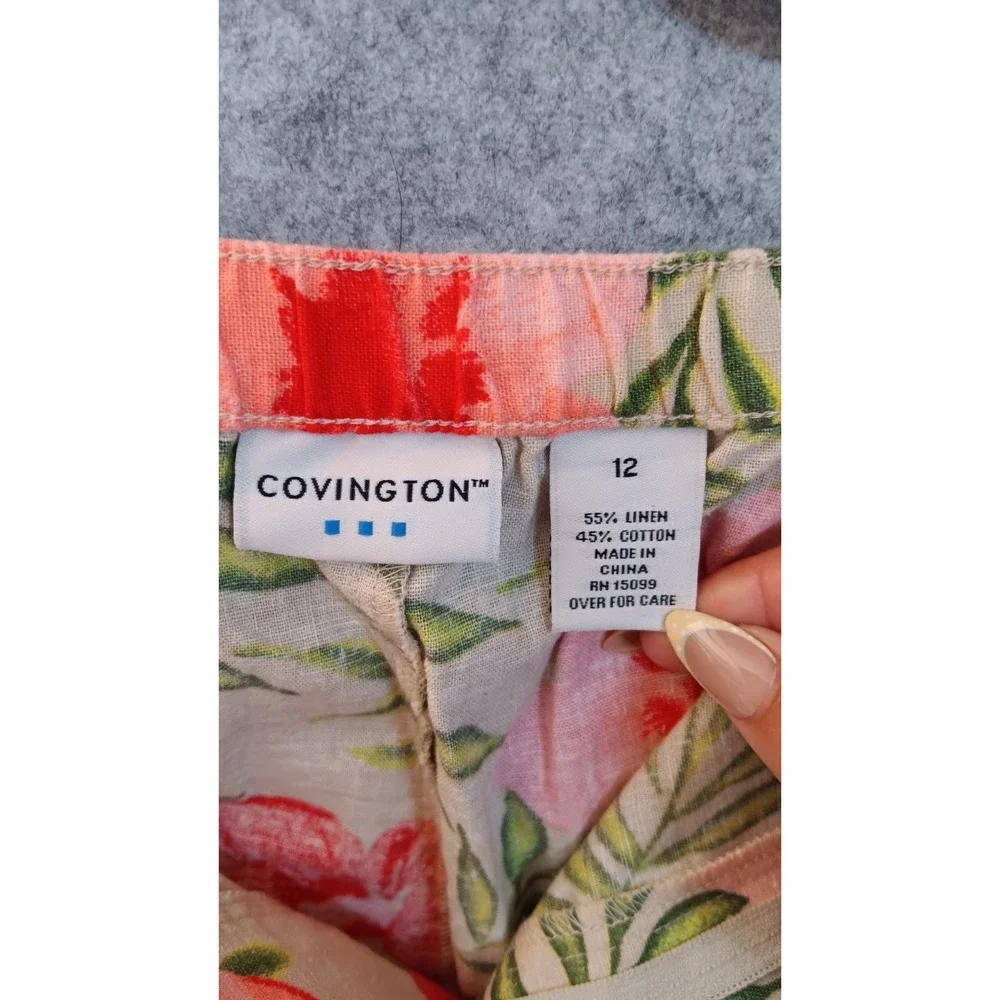Covington Pants Women 12 Tan Floral Linen Blend Cropped Lightweight 34x24 NWOT